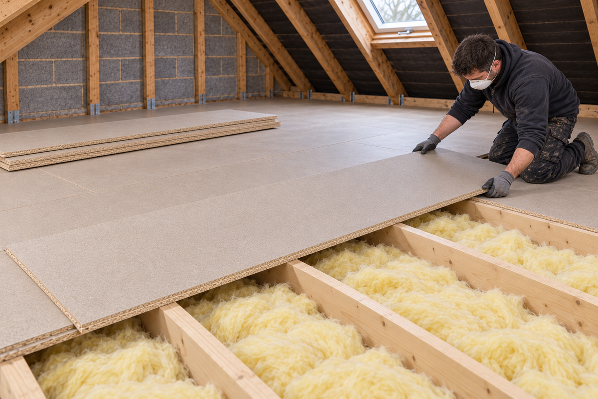 Loft boarding project with tongue-and-groove chipboard flooring and yellow loft insulation